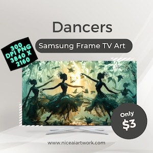 May include: Three silhouetted dancers in flowing dresses with butterflies and birds flying around them in a green forest setting. The image is displayed on a Samsung Frame TV Art.  300 DPI PNG 3840 x 2160. Only $3. www.niceaiartwork.com