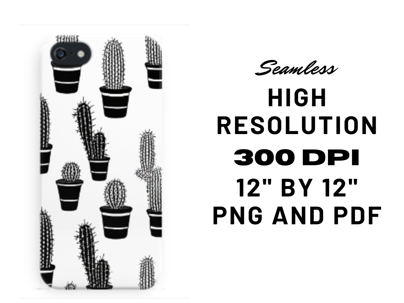 Cactus Seamless Pattern Pack, Black and White Cactus Background ...