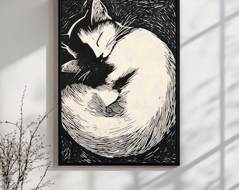 Sleeping Cat Linocut Print: Minimalist Feline Art (Digital Download)