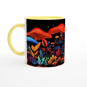 Bright Mushroom Forest Mug – 11oz Ceramic Mug with Color Interior & Handle