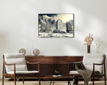 Impresión fotográfica de cementerio: Lápidas y capilla góticas (descarga digital)