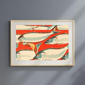 Retro Sardine Tin Print, Vintage Fish Poster, Colorful Sardines Wall Art, Eclectic Kitchen Decor, Maximalist Seafood Illustration