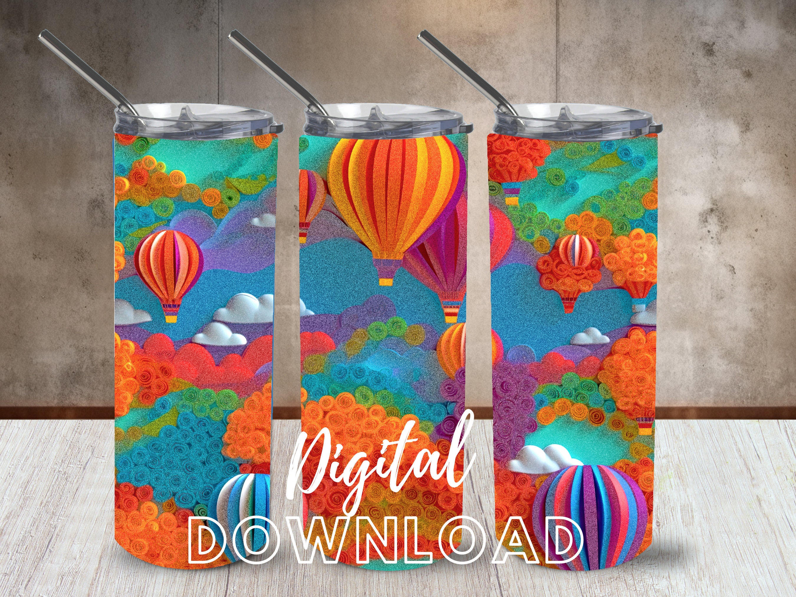 3D Hot Air Balloon Tumbler Wrap: Bright Colors Sublimation (PNG Digital ...