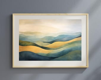 Puede incluir: Una pintura abstracta de acuarela enmarcada de un paisaje con colinas onduladas en tonos de azul, verde y amarillo.