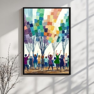 May include: A colorful abstract painting of trees with a group of people standing in front of them with their arms raised. The trees are made up of squares of different colors, including blue, green, yellow, and orange.