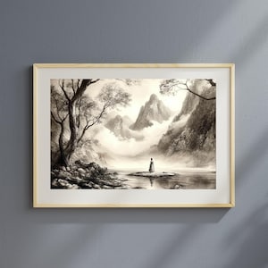 Paesaggio cinese tradizionale stampabile - Pittura a inchiostro di fiume e montagna nebbiosa, elegante arte asiatica, decorazione da parete con natura serena, download digitale