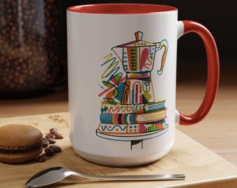 Colorful Moka Pot Stacked Books Mug | Illustrated Coffee Art