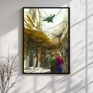 Surreal Sci-Fi Market Print - Floating Machines, Futuristic Cityscape, Cyberpunk Street Art, Digital Fantasy Painting, Printable Decor