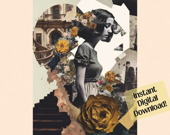 Colagem de arte com flores amarelas e IA: decoração moderna para casa (download digital)