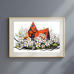 Whimsical Cottage Printable, Floral Spring House Art, Storybook Wall Decor, Cottagecore Illustration, Instant Download Digital Print