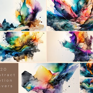 Könnte beinhalten: 20 Abstrakte Notion-Cover. Ein Satz digitaler Kunstbilder mit abstrakten Aquarelldesigns in verschiedenen Farben, darunter Blau, Grün, Gelb, Orange und Lila. Die Designs erinnern an Wolken, Berge und Bäume.