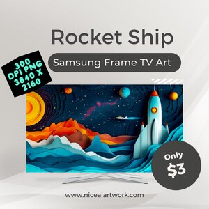 May include: A digital illustration of a rocket ship flying through a starry night sky with mountains and waves in the foreground. The image is displayed on a Samsung Frame TV. The text "Only £3" is in the lower right corner of the image.