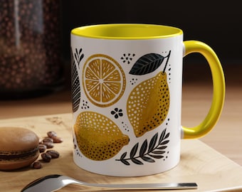 Lemon Pattern Coffee Mug | Citrus Fruit Illustration, Black Accent