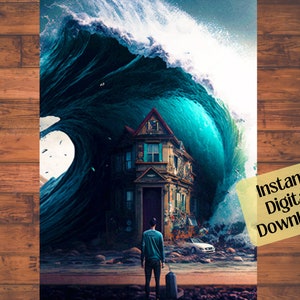 Wellen und Haus Szene Kunst, Strand Kunst, Digital Gerendert PRINTABLE, sofortiger Download, High Res