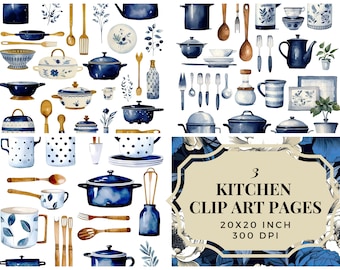 Watercolor Blue Kitchen Clipart Bundle (Digital Download)