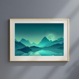 Printable Moonlit Mountain Landscape Wall Art - Serene Night Sky & Lake Reflection, Tranquil Nature Scene, Digital Art Download