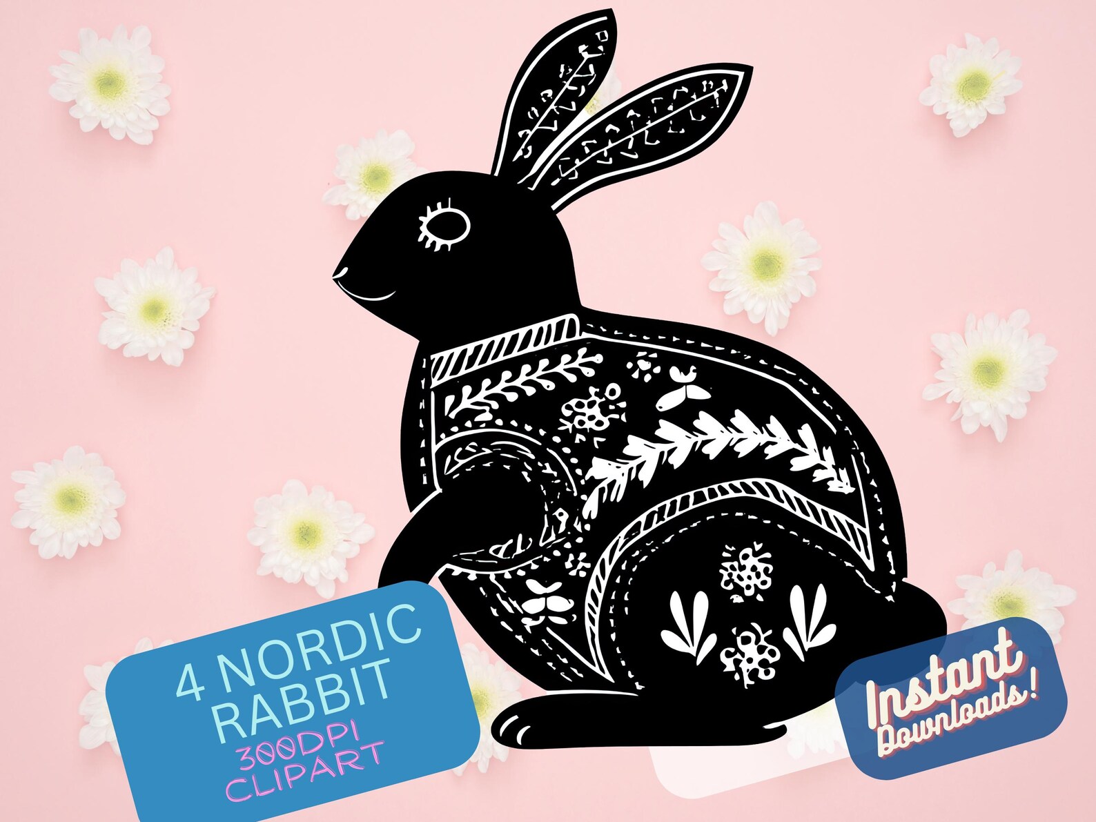 Nordic Rabbit Clipart: Scandinavian Folk Art Bunny Designs (digital ...
