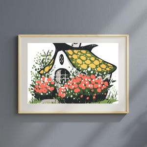 Storybook Wall Decor, Whimsical Cottage Printable, Floral Spring House Art, Cottagecore Illustration, Instant Download Digital Print