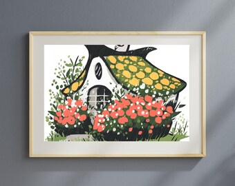 Cottagecore Cottage Illustration: Frühlingshafte Frühlingskunst (Digitaldruck)