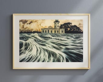 Lighthouse Seascape Art Print: Ocean Waves, Coastal Decor (Digital Print)