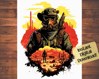 May include: A digital illustration of a futuristic cowboy wearing a gas mask and holding a rifle. The cowboy is standing in front of a desert landscape with a smaller cowboy figure walking in the distance.