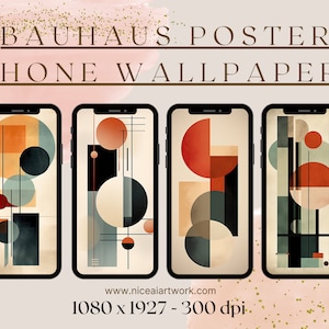 Op de afbeelding: Vier telefoonachtergronden met geometrische vormen in Bauhaus-stijl. De ontwerpen bevatten cirkels, vierkanten en rechthoeken in tinten rood, oranje, geel, groen, blauw en zwart op een beige achtergrond.