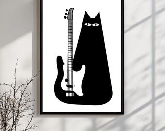 Cat Guitar Art Print: Minimalist Music Lover Wall Decor (Digital Download)
