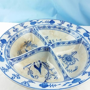 RARE Antique Villeroy & Boch Dresden Blue and White Onion Large Divided Serving Bowl