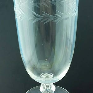 May include: A clear, stemmed glass with a wide bowl and a decorative etched leaf pattern around the top. The glass sits on a round base and has a detailed stem. The background is a solid black.