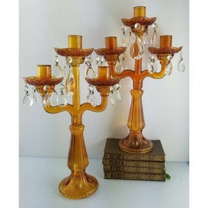 Pair Antique 1890&#39;s English Victorian Amber Glass Candelabra Candlestick Holders