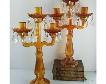 Pair Antique 1890's English Victorian Amber Glass Candelabra Candlestick Holders