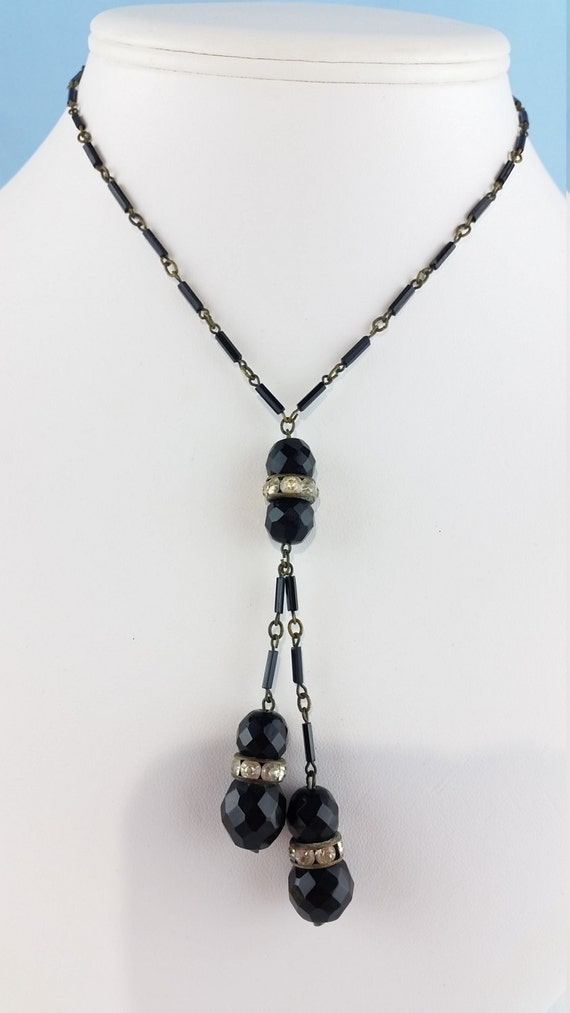 Vintage black bead and channel set rhinestone neck