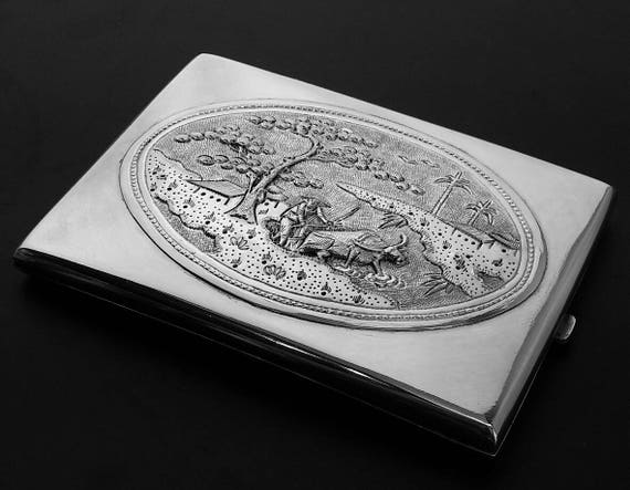 Antique CHINESE Hand Tooled Sterling Silver Cigarette Case Credit Card  Wallet Dance Purse