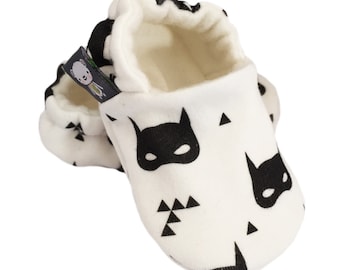 ORGANIC Baby Pram Shoes Slippers in Monochrome SUPERHERO MASKS - A Modern Eco Baby Gift Idea from BellaOski 0-24M