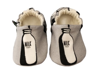 Custom Milk Bottle Shoes Organic Grey Moccasins Newborn Christening Slippers Baby girl clothes Baby boy shower coming home outfit Gift idea