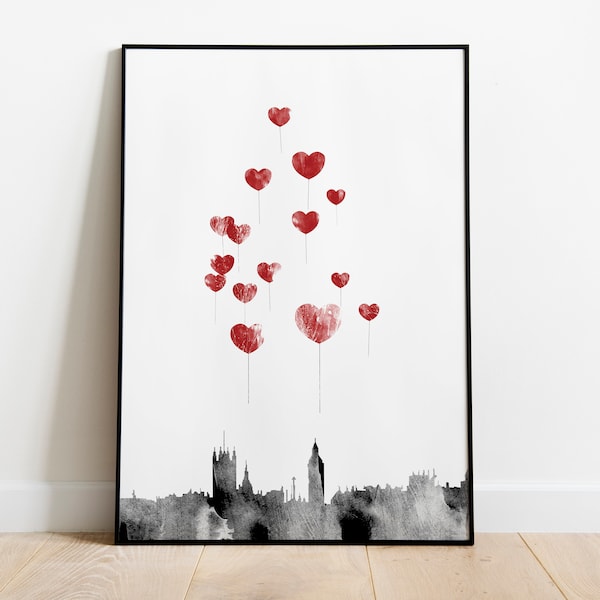 Love in London | Contemporary Wall Art Print, Illustration, Poster | London City Skyline, Heart Balloons, Love | Skinni Studio |