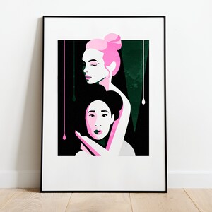 Puede incluir: Impresi&oacute;n art&iacute;stica enmarcada con una ilustraci&oacute;n estilizada de dos mujeres. La figura superior tiene cabello rosa y una cara rosa, con gotas rosas. La figura inferior tiene cabello oscuro y una cara rosa. El fondo es negro y verde.