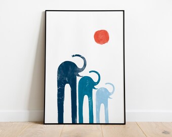 Blue Elephants | Wall Art Print | Watercolour Nature Ink Painting Drawing | Children's Room, Blue | Contemporary Modern Home Decor