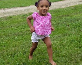 Toddler Top and Shorts outfit, 2T romper, pink butterflies top, polka-dot bloomers