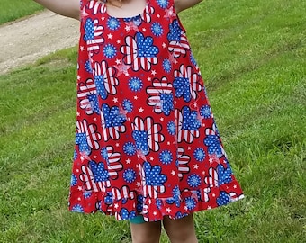 4th of july flowers, patriotic little girls, American flag jumper, Red White and Blue, size 6, independence summer dress
