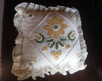 Decorative Hand Embroidered Throw Pillow- 14", lace edge cross stitch, home decor, throw pillow, ornate vintage pillow, yellow green accents