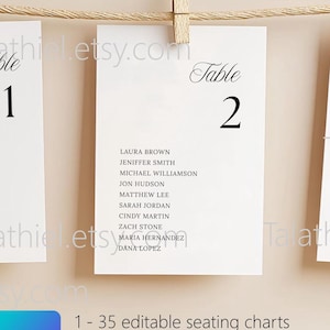 May include: Three white table cards with black text, numbered 1, 2, and 3, are suspended from a rope by wooden pegs. Each card lists names. The Canva logo is visible at the bottom.