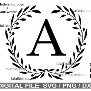Monograma Fuente SVG Laurel svg Inicial svg Corona svg Letras svg Laurel inicial Letras del alfabeto svg, Letras Cricut, Glowforge Silueta
