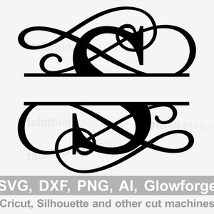 Split Letter Monogram Swirl, Monogram scroll Full Alphabet SVG, dxf, png, ai, laser files for Glowforge and other cutting machines
