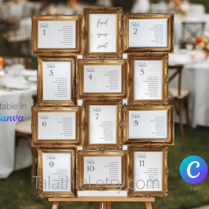 May include: A gold-framed seating chart with eleven tables displayed on an easel. Each frame has a white background with table numbers and guest names. The text "find your seat" is in the center. The words "Editable in Canva" are in the lower left.
