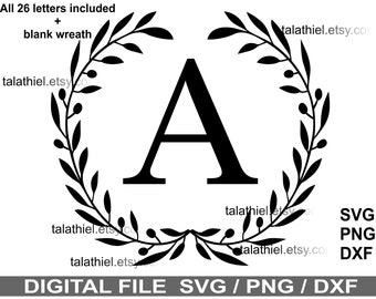 Monogram SVG font Laurel svg Initial svg Wreath svg Letters svg Laurel initial Alphabet Letters svg, Cricut letters, Glowforge Silhouette