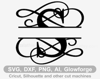 Split Letter Monogram Swirl, Monogram scroll Full Alphabet SVG, dxf, png, ai, laser files for Glowforge and other cutting machines