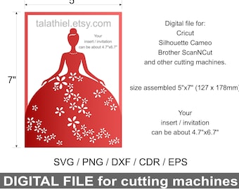 May include: Digital file for cutting machines, featuring a red princess silhouette with white flowers. The design is 5 inches by 7 inches and can be used for Cricut, Silhouette Cameo, Brother ScanNCut, and other cutting machines.