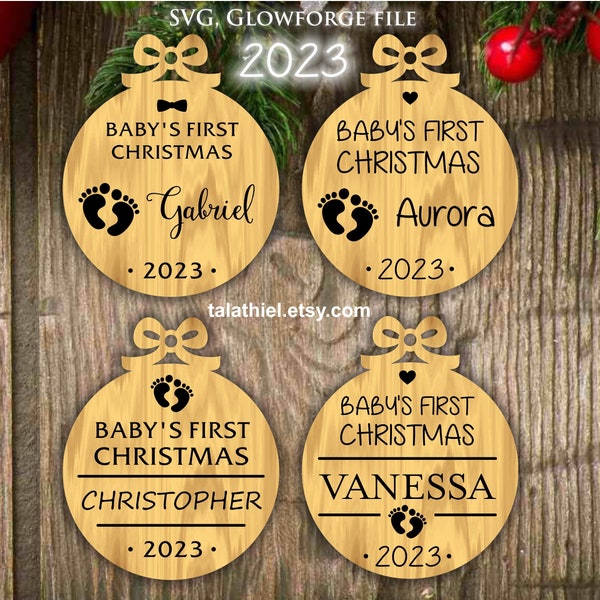 Baby's First Christmas 2023 ornament SVG, Glowforge SVG Christmas ornament 2023, First Christmas ornament SVG and dxf files