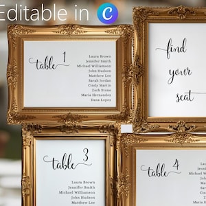 May include: Gold ornate framed table number signs for a wedding or event. Each frame displays a table number and guest names in elegant script. One frame reads "find your seat".